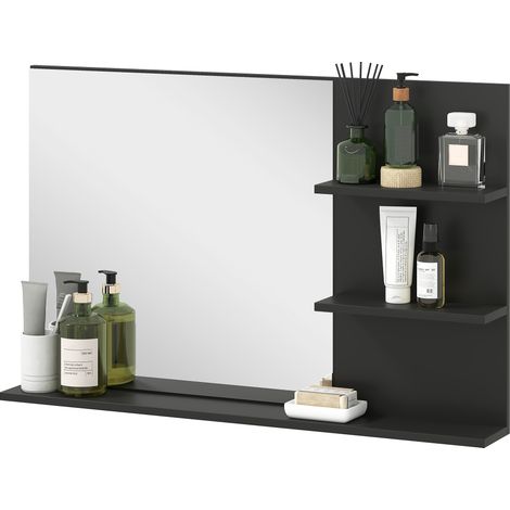 Miroir de salle de bain moderne avec 2 étagères latérales et 1 étagère inférieure, mural en MDF et verre, noir, 75 x 10 x 48 cm