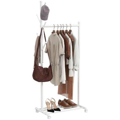 Portant à vêtements à roulettes, penderie mobile avec tringle, 5 crochets, étagère à chaussures, blanc (1/5)
