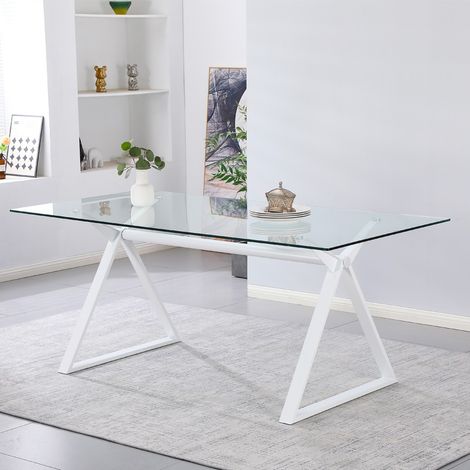 Tavolo da Pranzo Skylar 150×90 cm in Vetro Temperato con Gambe a Cavalletto bianco (1/5)