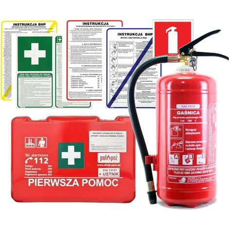 Kit complet de santé et sécurité au travail pour les entreprises : trousse de premiers secours, extincteur de 4 kg, signalétique et instructions
