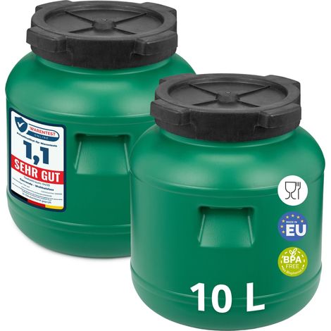Garronda Lot de 2 fûts alimentaires 10 L en HDPE sans BPA, à large ouverture avec couvercle, pour eau, aliments et récupération d'eau de pluie, vert GD-0120