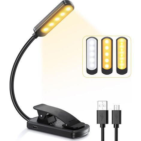 Lampe de Lecture,10 LEDs Liseuse Lampe Clip USB Rechargeable, 360°Cou Flexible, 3 Couleur & 100%-10% à Intensité Variable, Mini Veilleuse pour Lire au Lit,Enfant,Kindle,Voyage,Camping (1/5)