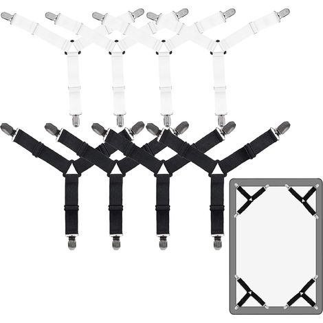 Attache Drap Housse Triangle Attache, 8 Pièces Sangles pour Draps de Lit, Élastiques Ajustables Sangle Drap Housse avec Pinces Métalliques pour Draps de lit, Housses de Matelas, Coussins, blanc, noir (1/5)