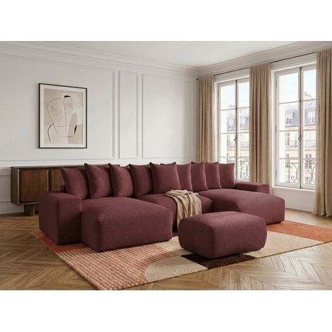 BOBOCHIC - Canapé panoramique convertible coffre VOLTAIRE tissu chiné avec pouf Rouge (1/5)