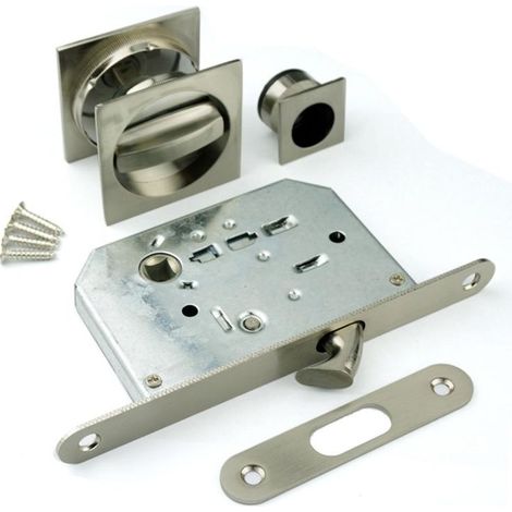 Kit de verrouillage avec rosace carrée, pêne pour porte coulissante, Ø58 mm, acier, finition nickel satiné (1/4)