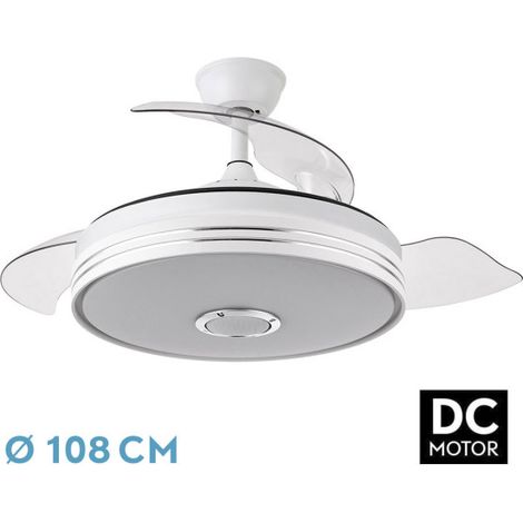 FABRILAMP ESPARTA Ventilador de techo con luz led, motor DC, color blanco, aspas retráctiles, mando a distancia, temporizador, memoria de luz, 3 tonalidades y 6 velocidades