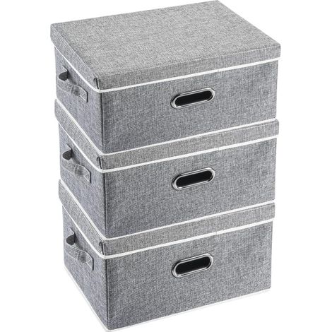 Set of 3 Stackable Foldable Clothes Storage Box with Lid and Handles, Washable Organizer Containers Bedroom Cloth Storage Box 37x27x20cm, Gray (1/5)