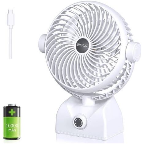 Table Fan, USB Rechargeable Desk Fan, 10000mAh Battery Quiet Tower Fan, Adjustable Speed, Rotating Head for Home and Office (White) (1/5)