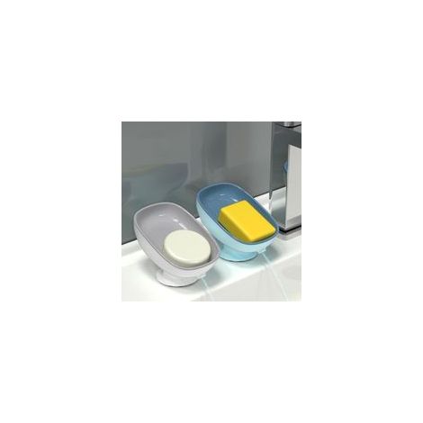 Juego de 2 jaboneras con desagüe, de plástico con ventosa, para baño y cocina, fácil de limpiar (azul y gris).