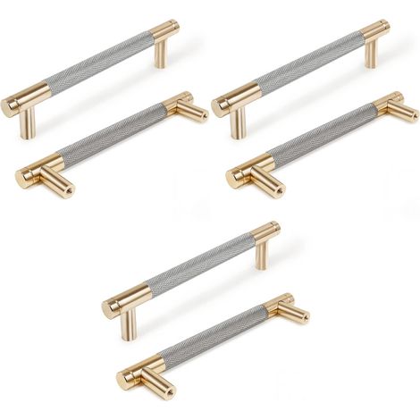 Poignées de meubles moletées, poignées d'armoires de cuisine, poignées de tiroir, entraxe 160 mm, 6 pièces (or + gris) (1/4)