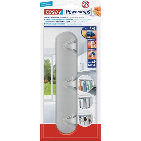 Colgador de cocina autoadhesivo triple TESA, tres ganchos, color plata, hasta 3 kg