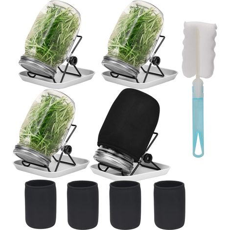 Hisredsun keimgläser-Set, 4 Einmachgläser mit breiter Öffnung und 304 Edelstahl-Siebkeimdeckel, 86 mm Kaliber, 1000 ml, mit Tablett, Ständer, Schattiertuchbeutel und Dosenbürste