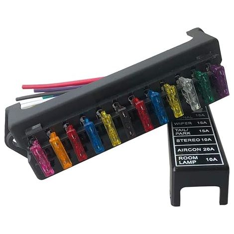 12 Way Fuse Box with Cables, Universal Standard Blade Fuse Holder, Car Fuse Block, with 10 Standard Blade Fuses (12V/24V/32V/48V) (1/5)
