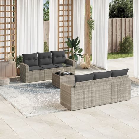 Ensemble de canapé de jardin 7 pièces avec coussins, en polyrotin gris clair