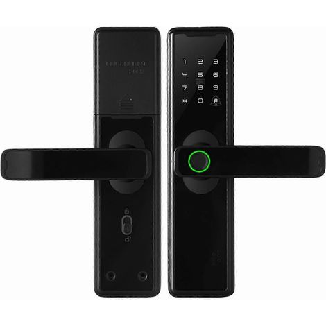 Serrure de porte électronique intelligente, compatible avec le déverrouillage biométrique par empreinte digitale/carte à puce/mot de passe/clé/charge d'urgence USB (noir) (1/5)