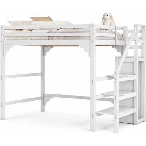 Lit mezzanine 140 x 200 cm avec escalier de rangement, armoire intégrée, structure en bois de pin blanc, couchage 120 kg, pour chambre ado CHICFURN (1/5)