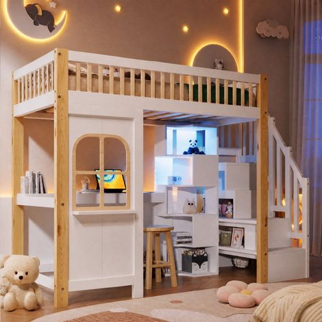 DESMIU Lit Mezzanine 1 Place avec LED, Bureau, Échelle de Rangement et Étagères 90 × 200 cm, Sans Matelas (1/5)