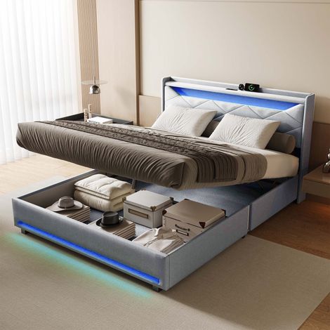 Polsterbett 140 x 200 cm mit Bettkasten, hydraulischem Lattenrost, RGB-LED und Ladestation (USB + Type-C), Leinen, Grau