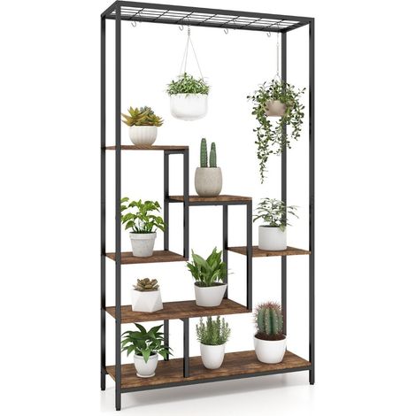 Portapiante 6 livelli scaffale per piante da 180 cm in metallo con 10 ganci a s nero marrone rustico