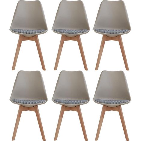 Esszimmerstühle 6er-Set, skandinavisch, Massivholzbeine, gestreiftes Sitzkissen, beige (1/5)