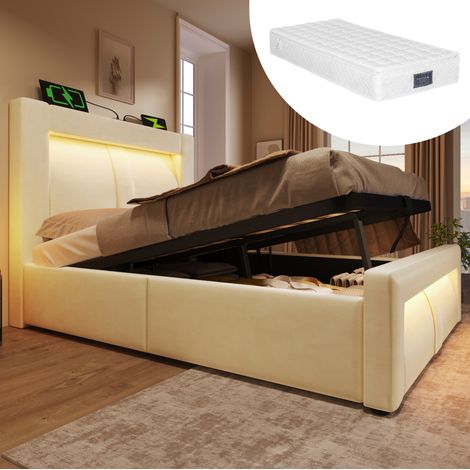 letto contenitore 90x200 LED USB velluto beige HAVRYA (1/5)