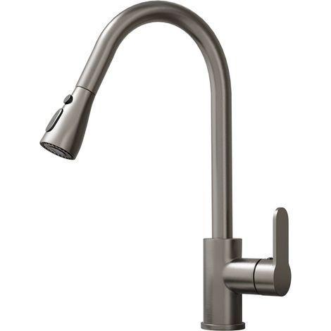 Mitigeur d'évier rétractable 2 en 1 - Robinetterie cuisine en laiton - Double jet (aéré/cascade) - Finition inox brossé 201 (1/5)