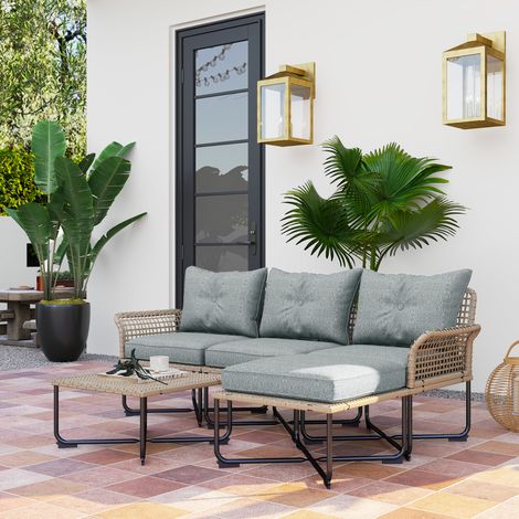 Ensemble jardin en rotin 5 pièces 2 fauteuils d’appoint chaise centrale 2 tabourets/tables basses