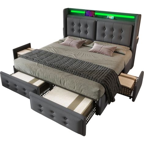 CHICFURN Cama tapizada 180x200 gris en tela, con LED multicolor, puerto USB-C y USB, 4 cajones, cabecero acolchado, estructura de madera y metal, sin colchón (1/5)