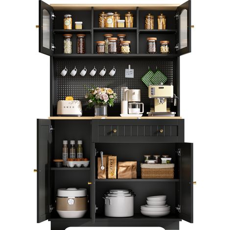 Buffet haut de cuisine Noir,meuble de rangement moderne,avec étagères réglables,plan de travail,103.5x40x180cm (1/5)