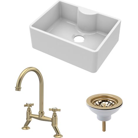 Fireclay Kitchen Bundle - Single Bowl Butler Sink with Tap Ledge, Waste & Bridge Tap, 595mm - Brushed Brass - Balterley