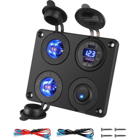 QC3.0 USB and PD Type C Car Charger Socket Panel Cigarette Lighter Switch Voltmeter for 12V/24V Boat Truck Caravan Type C and QC3.0 with Cigarette Lighter LED Voltmeter and Blue Switch for Vehicles T (1/5)