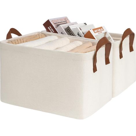 Panier De Rangement - 43 X 28 X 25 Cm - Structure Métallique Renforcée - Intérieur Étanche - Poignées En Cuir - Beige - 2 Pièces (1/5)