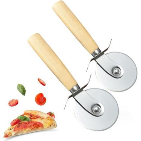 Roulette à pizza - Inox - 17x6.5cm - Poignée en bois - Lot de 2 - Outil de coupe pratique (1/4)