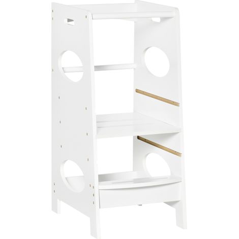 Torre Montessoriana con Altezza Regolabile a 3 Livelli, Torre di Apprendimento per Bambini in Legno, Scaletta per Bambini Bianco
