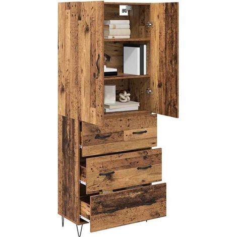 Ensemble de 2 Armoires Hautes Rétro en Bois, Meuble de Rangement Vintage 69,5 x 34 x 180 cm pour Salon, Chambre et Entrée (1/5)