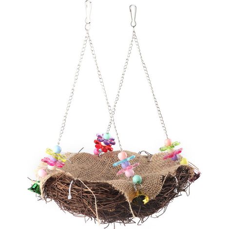 Jeffergarden Nid d'oiseau en rotin, jouet suspendu avec cloches, balanoire, perchoir debout, Cage à jouets, hamac (S) (1/5)