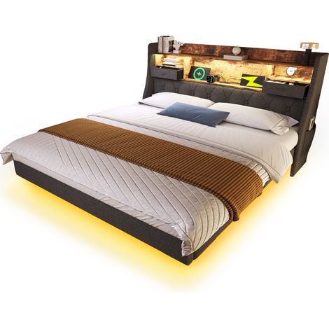 Lit rembourré 140x190 cm, lit flottant avec éclairage LED, tête de lit et station de charge (1 Type-C, 3 ports USB), lit double moderne avec tête de lit de rangement et sommier à lattes, lin, gris (sa (1/5)