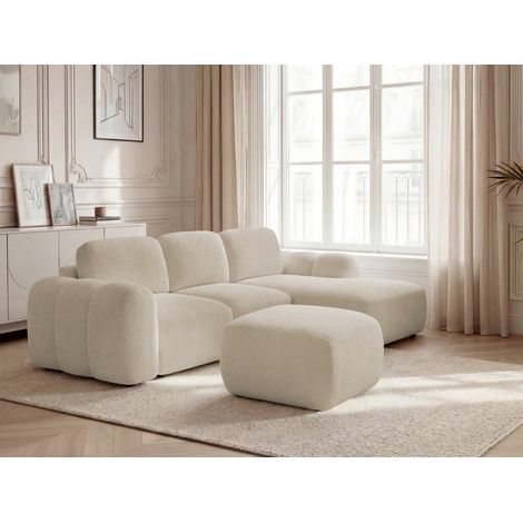 BOBOCHIC - Canapé d'angle convertible coffre MONTAIGNE tissu bouclette avec pouf Angle droit  Beige