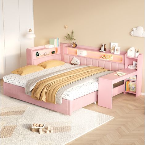 Gepolstertes Tagesbett 90 x 200 cm ausziehbar auf 180 x 200 cm mit Schreibtisch und LED, Rosa (1/5)