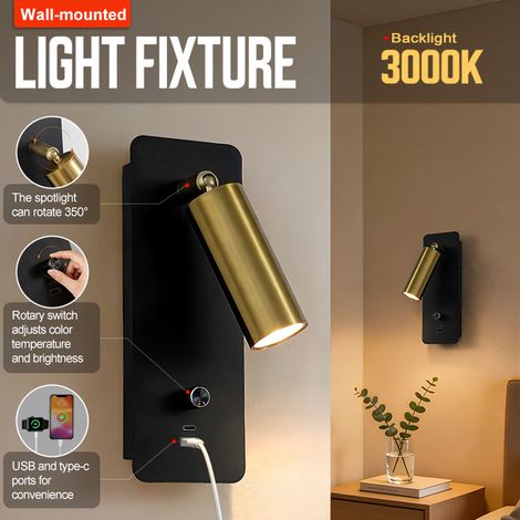 Lampe de lecture murale rotative en métal avec deux ports de chargement USB + Type-C et lumière chaude 3000K. (1/5)