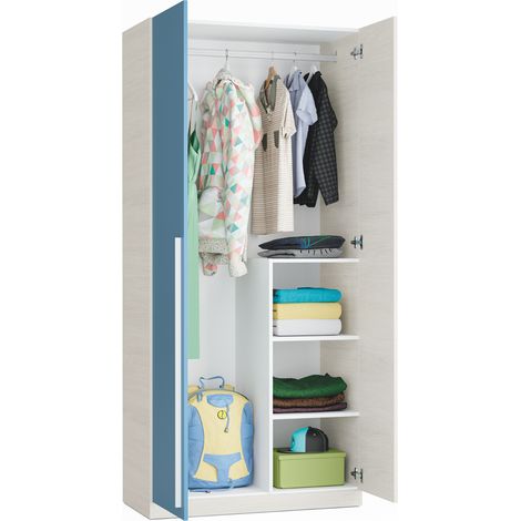 Armoire avec 2 portes coloris Blanc Alpes / bleu en mélamine - Dim : 200 x 90 x 52 cm (1/4)