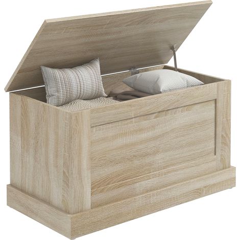 Coffre de rangement, coffre à jouets, avec charnière de sécurité, pour salon, en bois, 80 x 40 x 45 cm, bois naturel