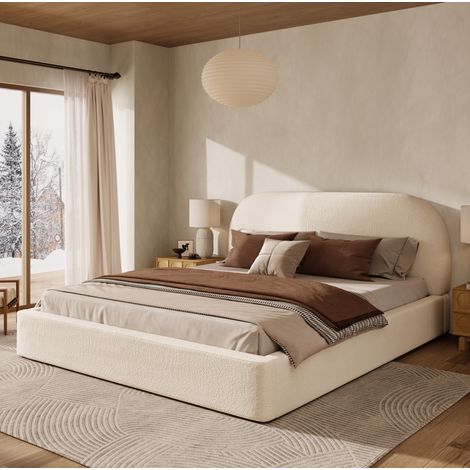 Cama de adulto 180x200 cm, cama doble con cabecero acolchado, en tela beige, sin colchón (1/5)