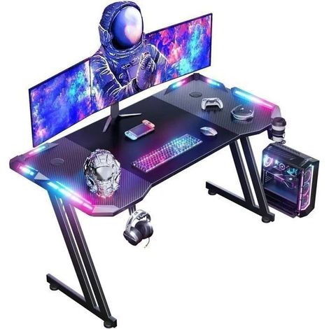 EcoFurnix 120 x 60cm Gaming Desk LED, Large Gaming Desk, with Mouse Pad, Cup Holder and Headset Hook, Carbon, Black (1/5)