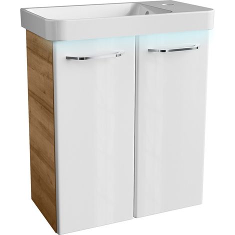 FACKELMANN MILANO Badmöbel Set 3 Teile / Waschbecken / Waschbeckenunterschrank mit 2 Türen / LED-Beleuchtung / Soft-Close-System / Gäste WC Set / Korpus: Braun hell / Front: Weiß / Breite: 55 cm"-"063 (1/5)