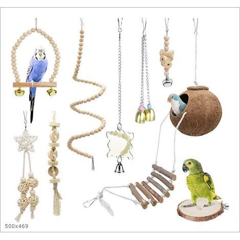 Papageienspielzeug-Set, 7-teilig, natürlicher Kokosnuss-Vogelkäfig mit Leiter, Schaukel-Kletter-Hängematte, Sitzstange für Vögel, Papageien, Wellensittiche, Aras, Unzertrennliche (1/5)