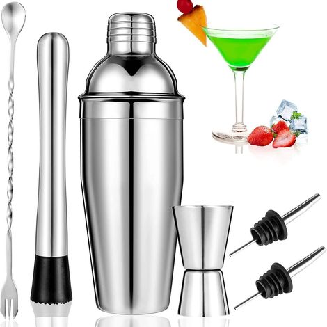 6-teiliges Cocktailset aus Edelstahl mit 750-ml-Shaker, Barzubehör, professionellem Mixologie-Set zur Getränkezubereitung, silberfarben