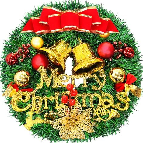 Künstlicher Weihnachtskranz (30 cm) mit Schleife und Glöckchen für die Tür, ideal für die Weihnachtsdekoration im Innen- und Außenbereich. (1/4)