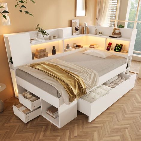 Lit de jour - 90 x 190 - LED intégrée - Rangement et tiroirs - Sommier à lattes (1/5)