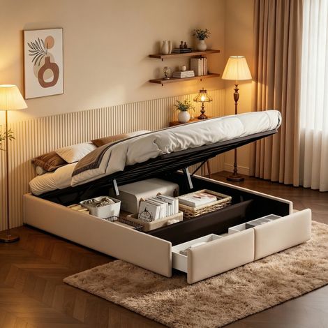 Cama con almacenamiento 140x200 cm – Lino – Almacenamiento hidráulico – Base de láminas – Estructura metálica – Diseño moderno